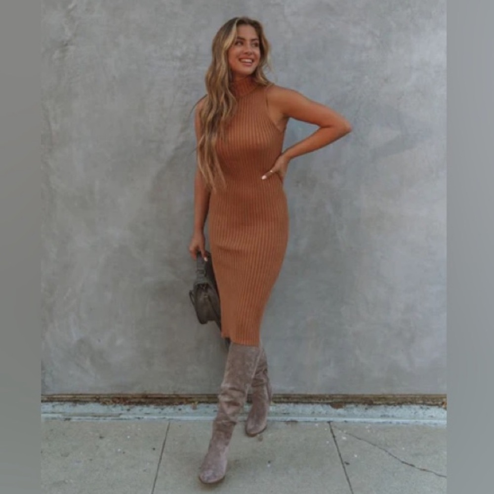 Vici Sleeveless Turtleneck Ribbed Knit Dress- Camel